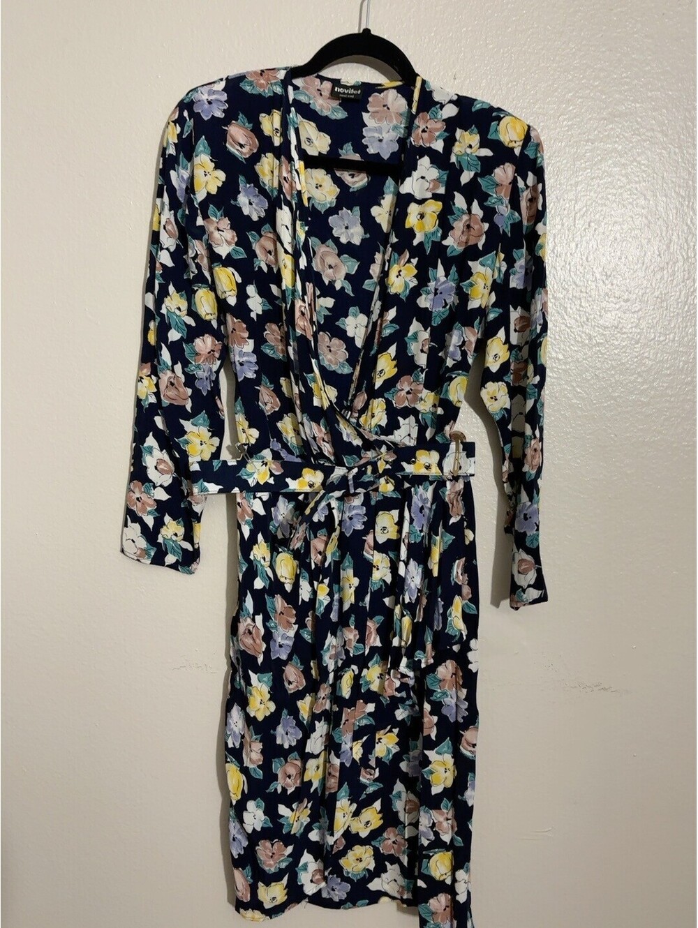 Novitet Novi Sad Navy Pastel Floral Long Sleeve Belted Dress